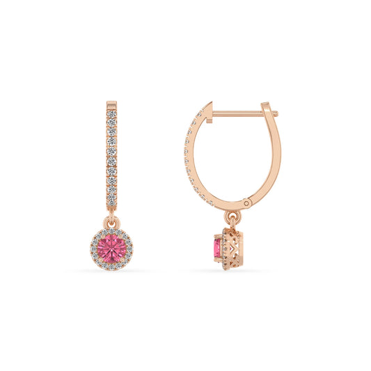 lab grown pink tourmaline round drop earrings in rose gold 
