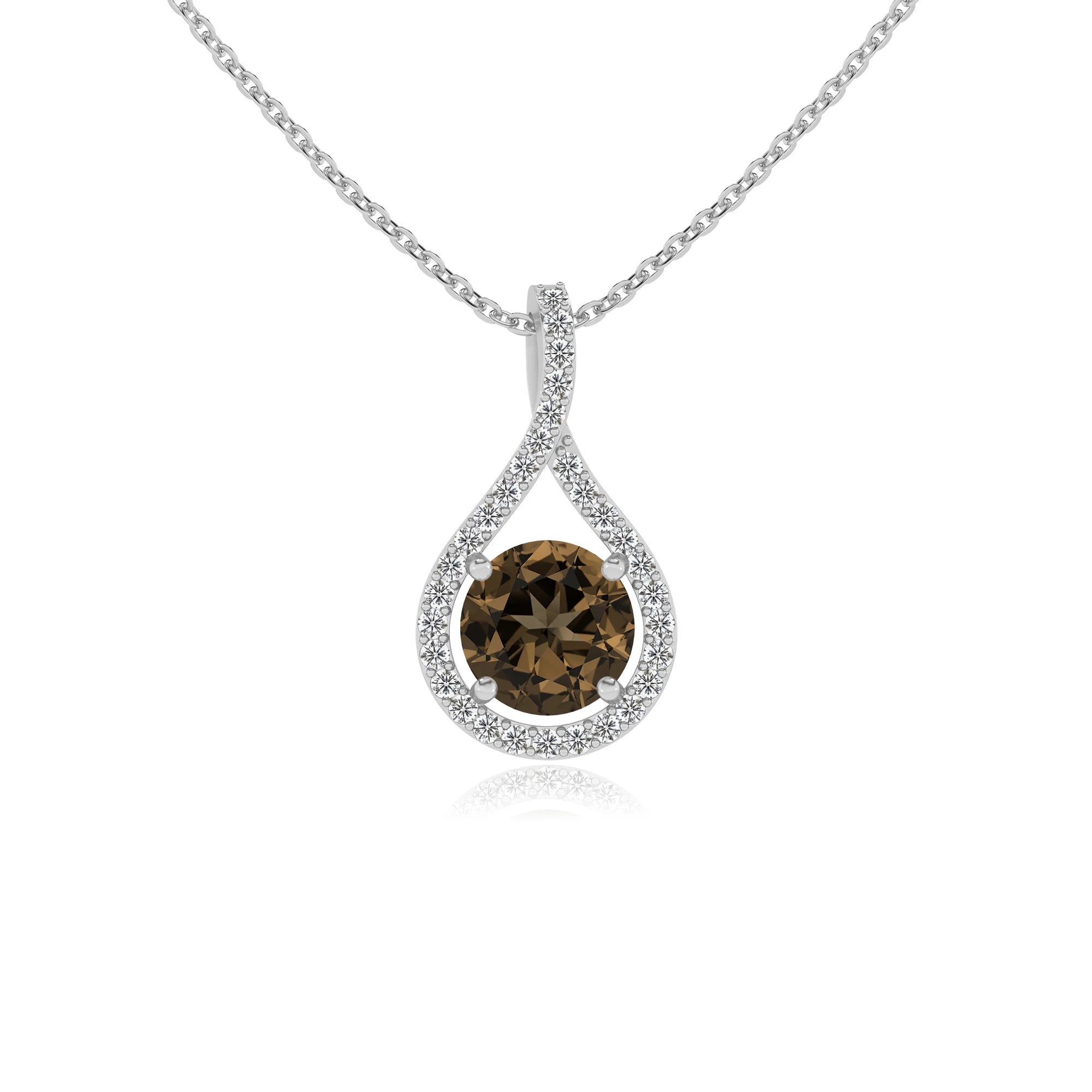 natural smoky-quartz round solitaire necklaces in white gold 