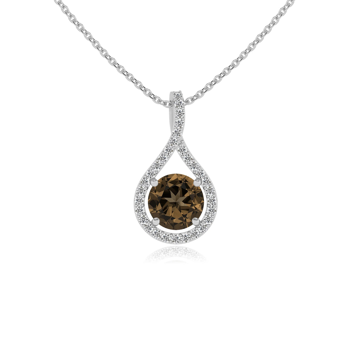 natural smoky-quartz round solitaire necklaces in white gold 