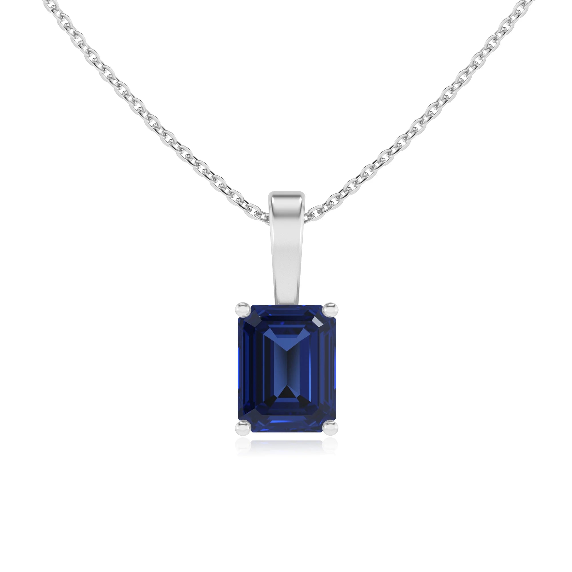 lab grown blue-sapphire emerald cut solitaire necklaces in white gold 
