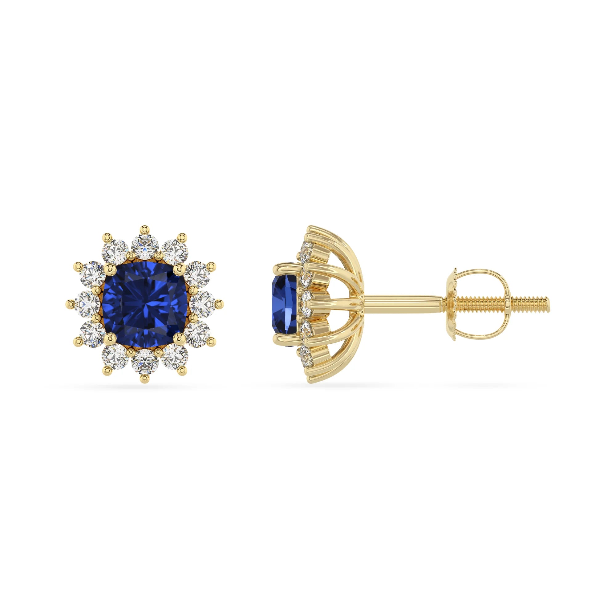 lab grown blue sapphire cushion stud earrings in yellow gold 