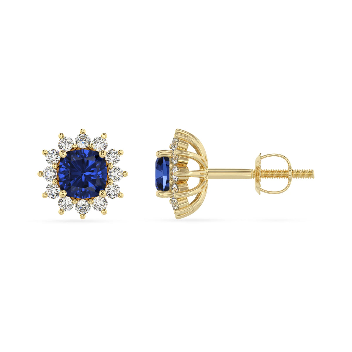 lab grown blue sapphire cushion stud earrings in yellow gold 