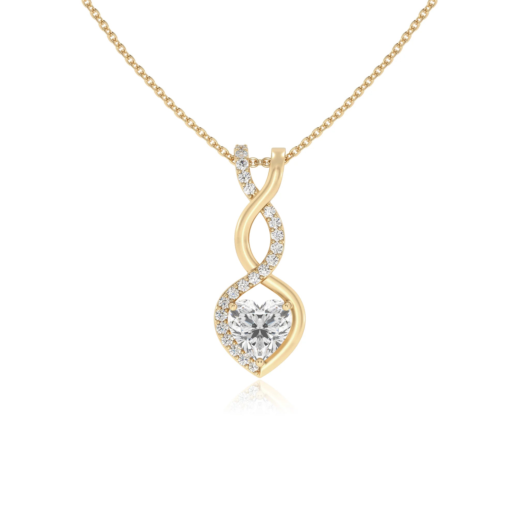lab grown moissanite heart infinity necklaces in yellow gold 