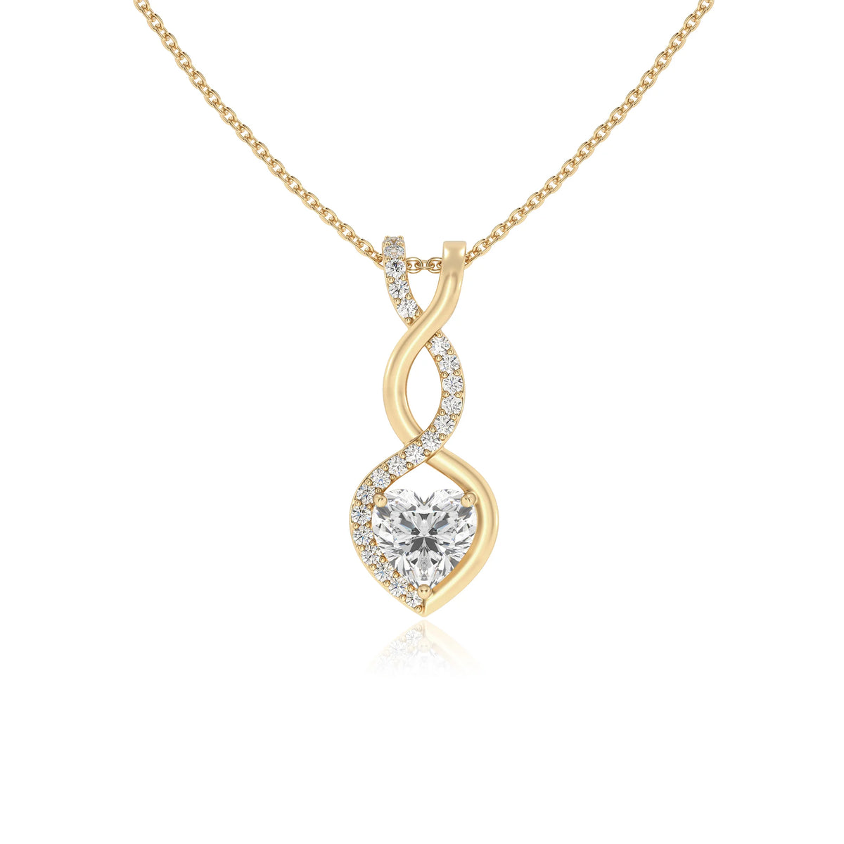 lab grown moissanite heart infinity necklaces in yellow gold 