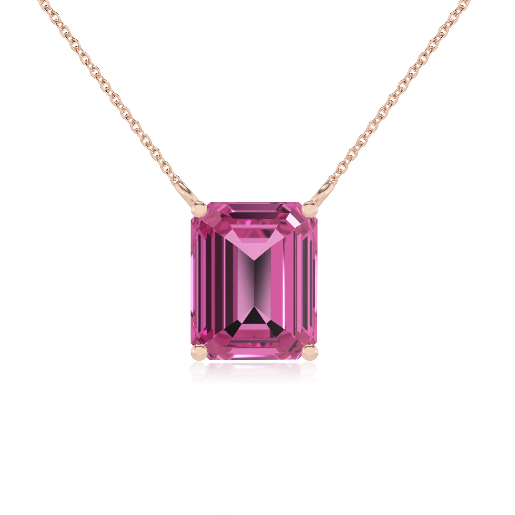 lab grown pink-sapphire emerald cut solitaire necklaces in rose gold 
