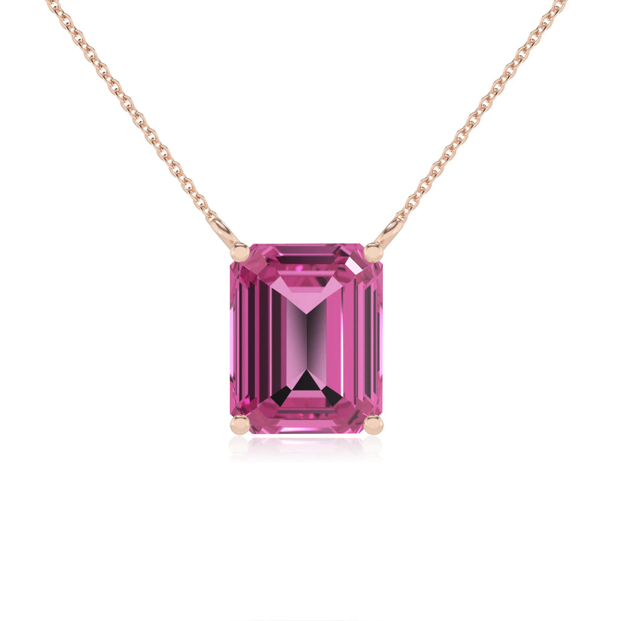 lab grown pink-sapphire emerald cut solitaire necklaces in rose gold 