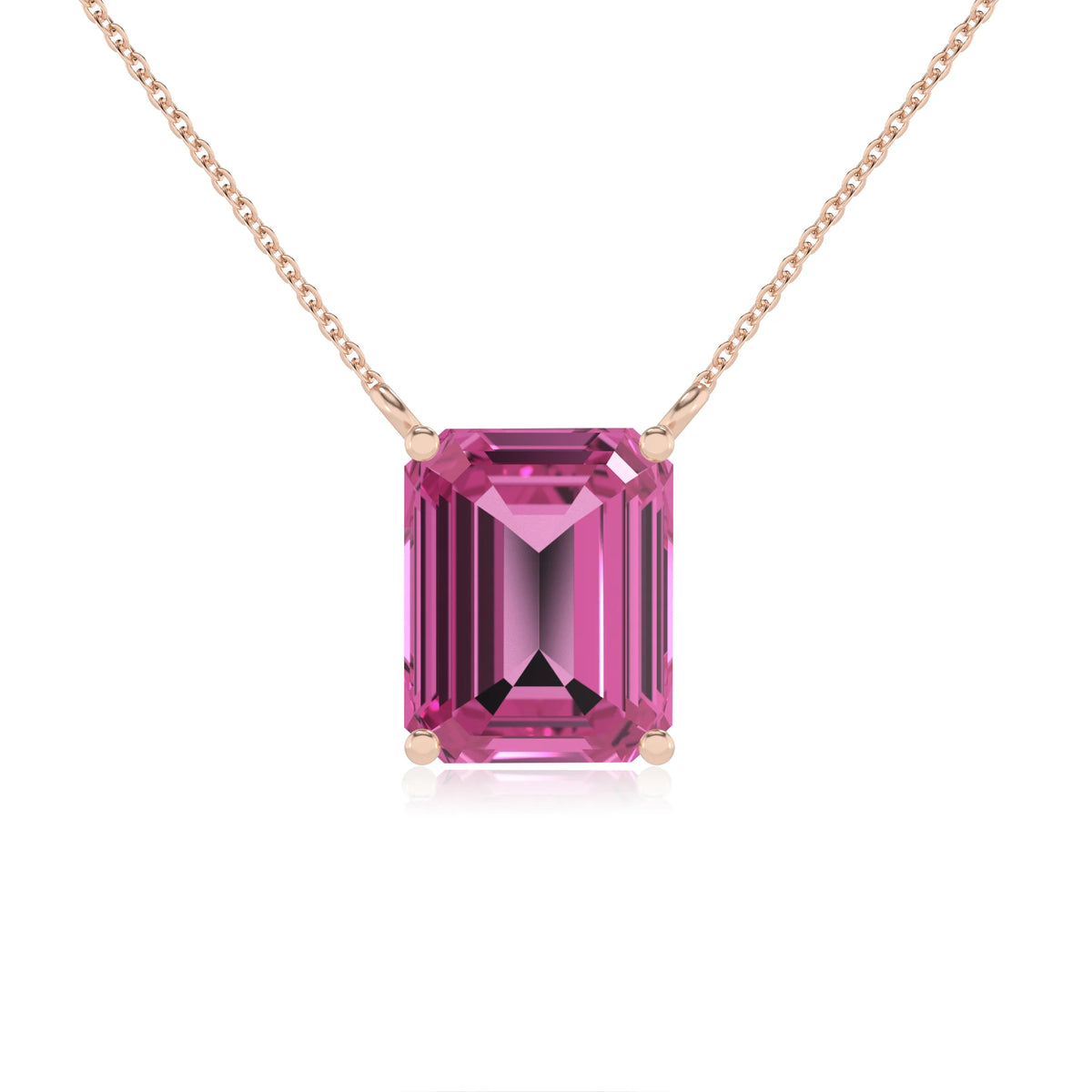 lab grown pink-sapphire emerald cut solitaire necklaces in rose gold 
