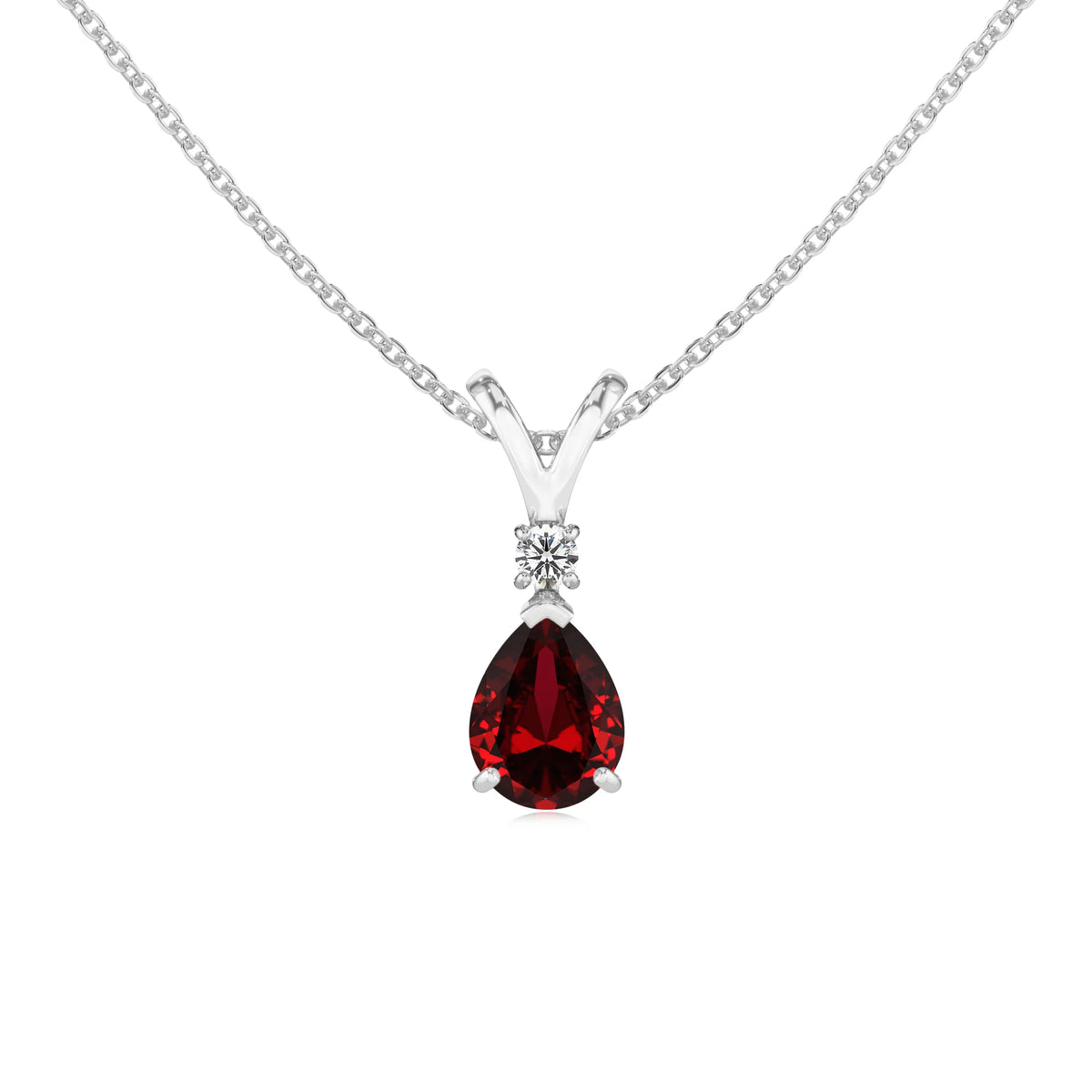 lab grown ruby pear solitaire v-bale necklaces in platinum 