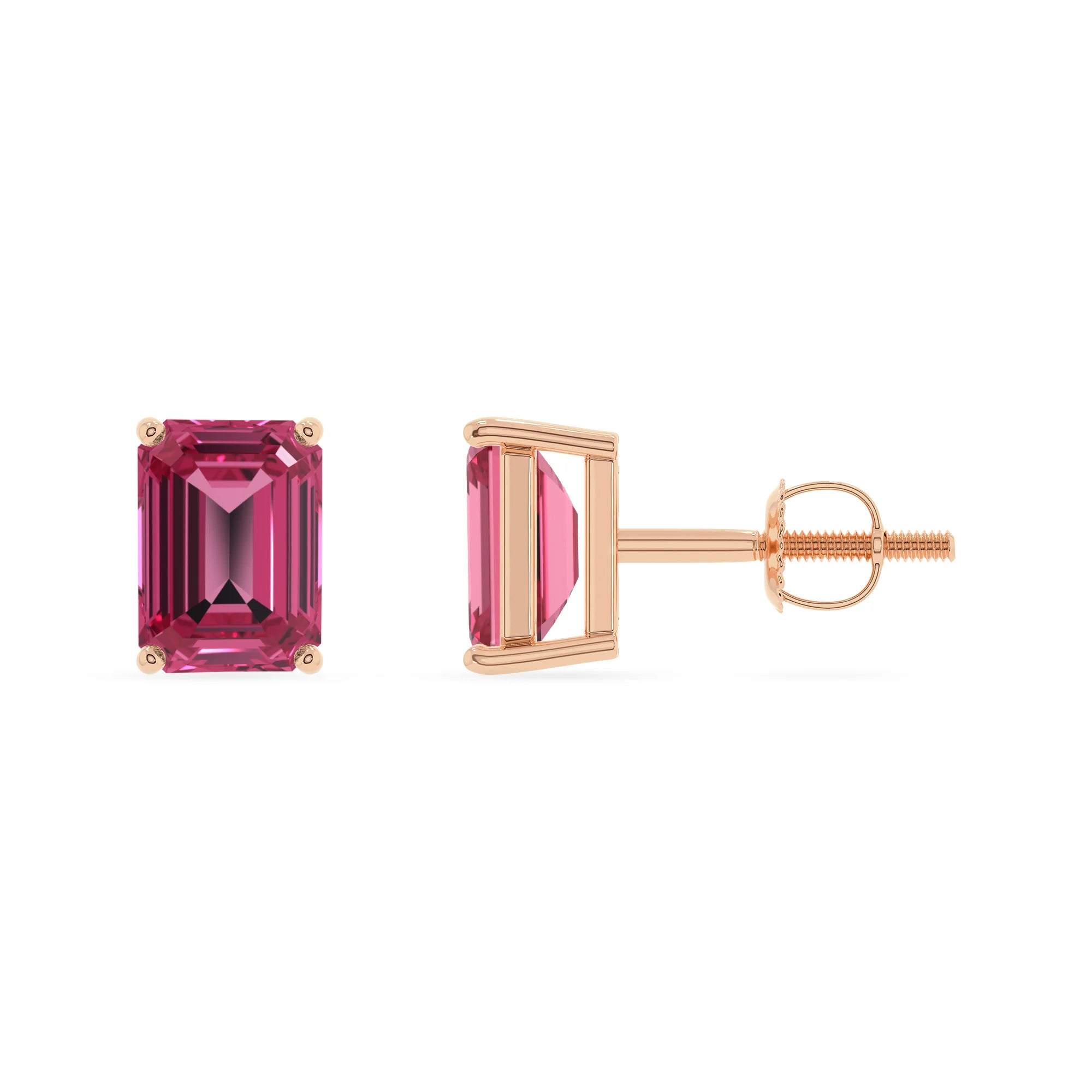 lab grown pink tourmaline emerald cut stud earrings in rose gold 