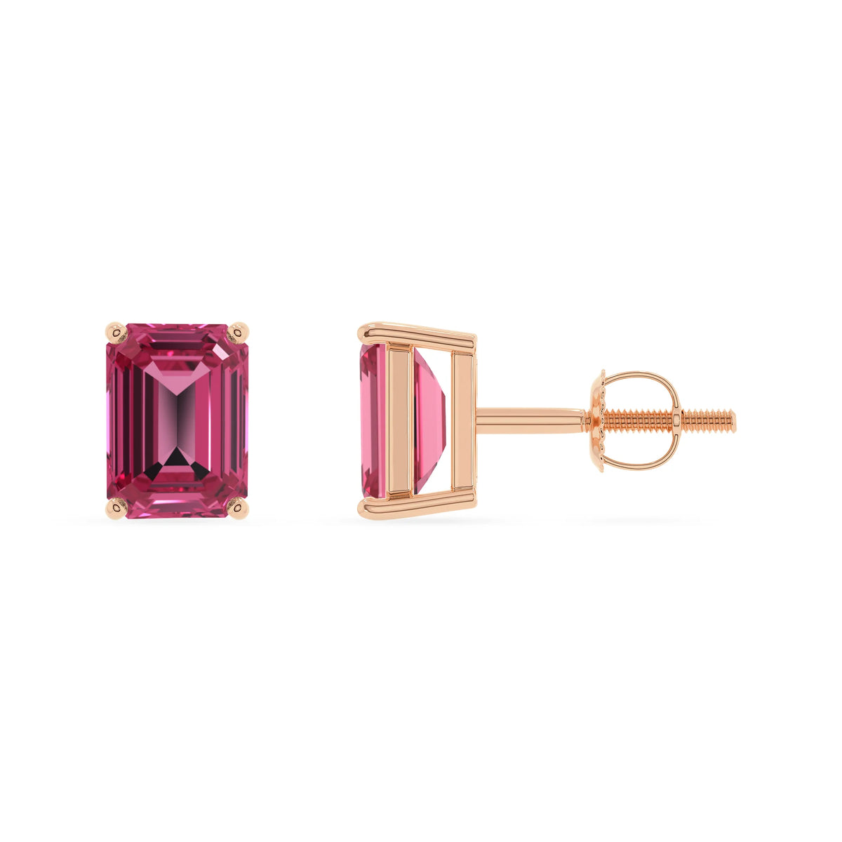 lab grown pink tourmaline emerald cut stud earrings in rose gold 