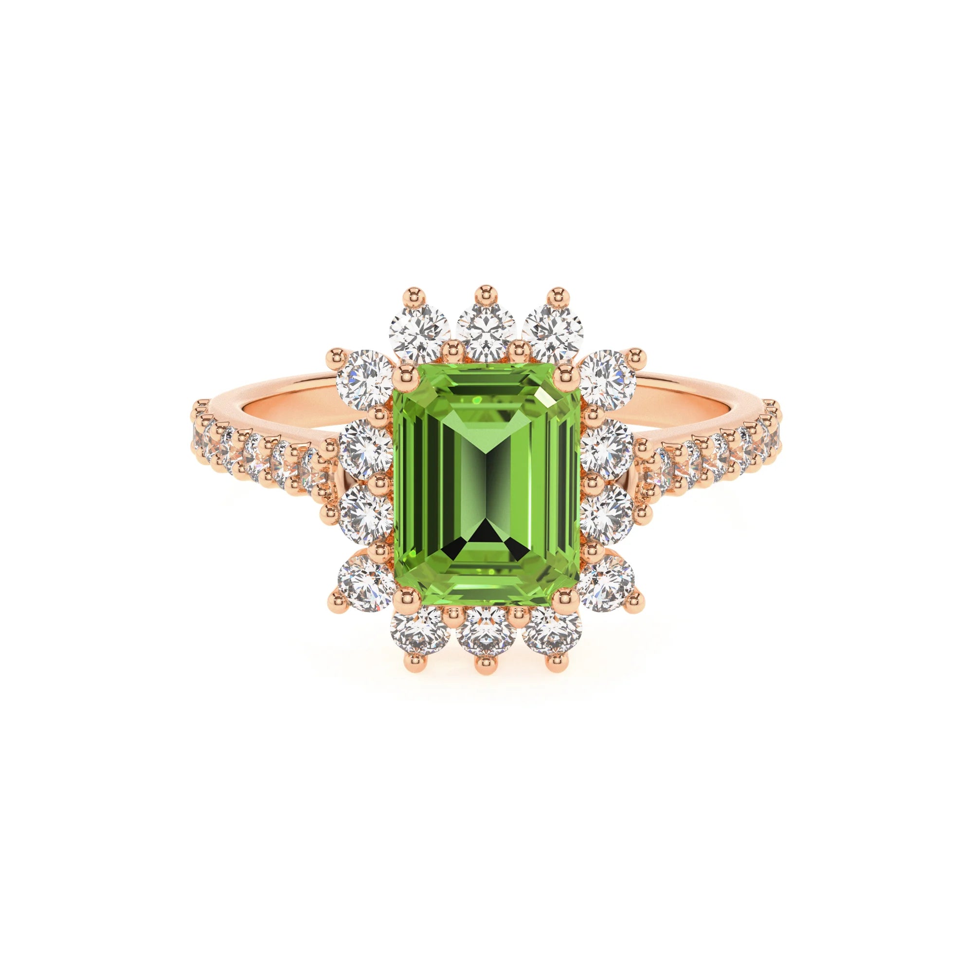 natural peridot emerald cut solitaire rings in rose gold 