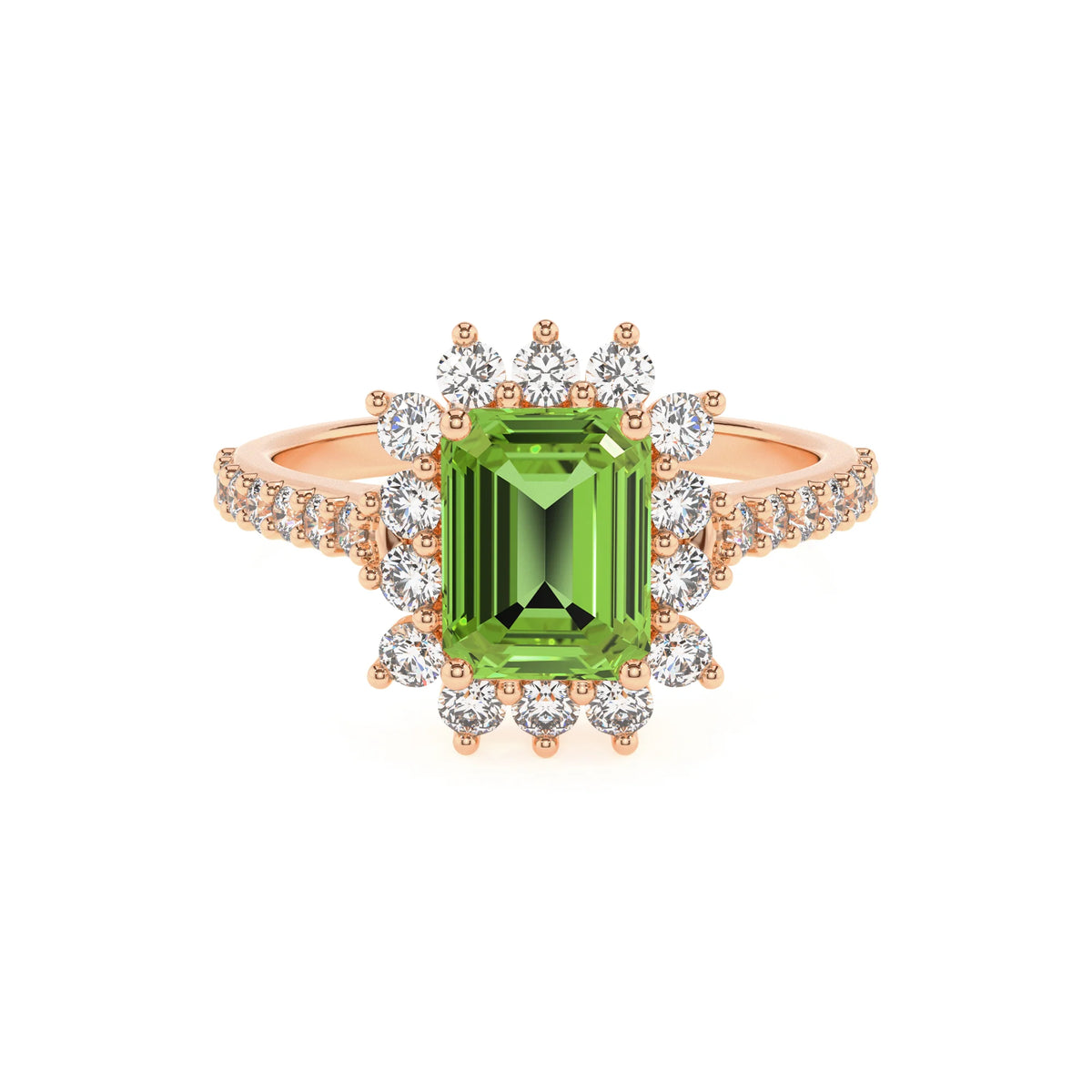 natural peridot emerald cut solitaire rings in rose gold 