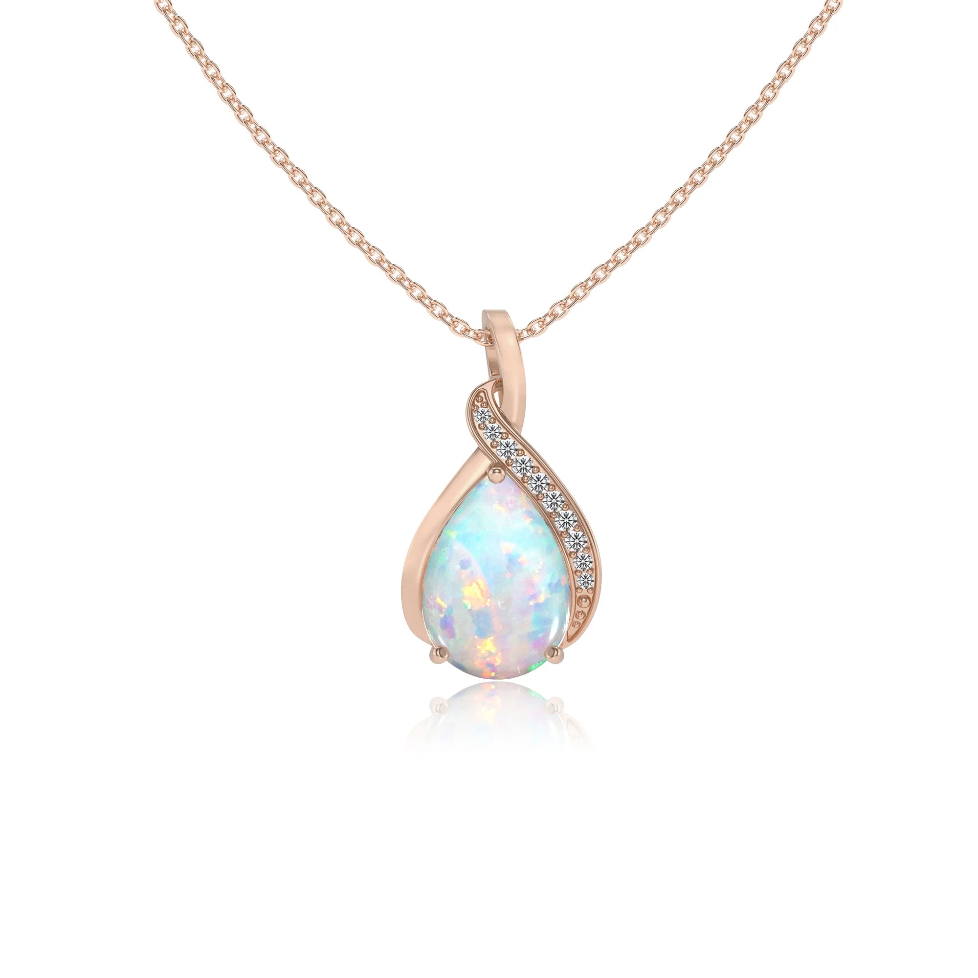lab grown opal pear solitaire necklaces in rose gold 