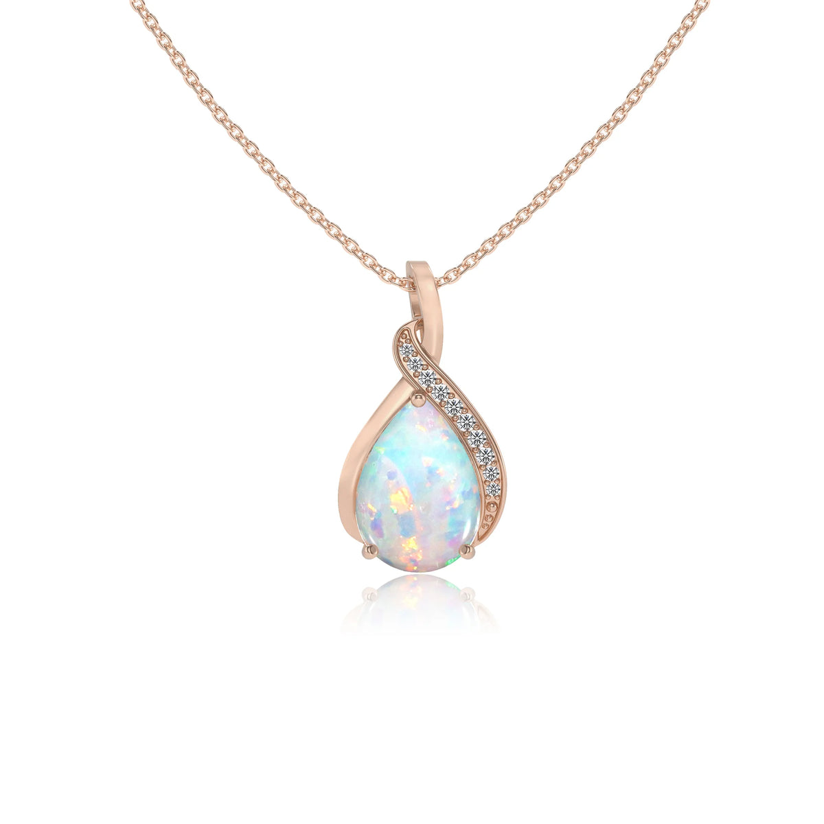 lab grown opal pear solitaire necklaces in rose gold 