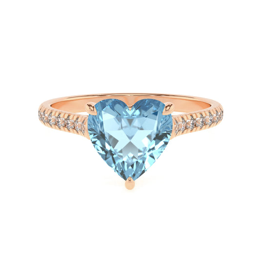 lab grown aquamarine heart half eternity solitaire engagement rings in rose gold 