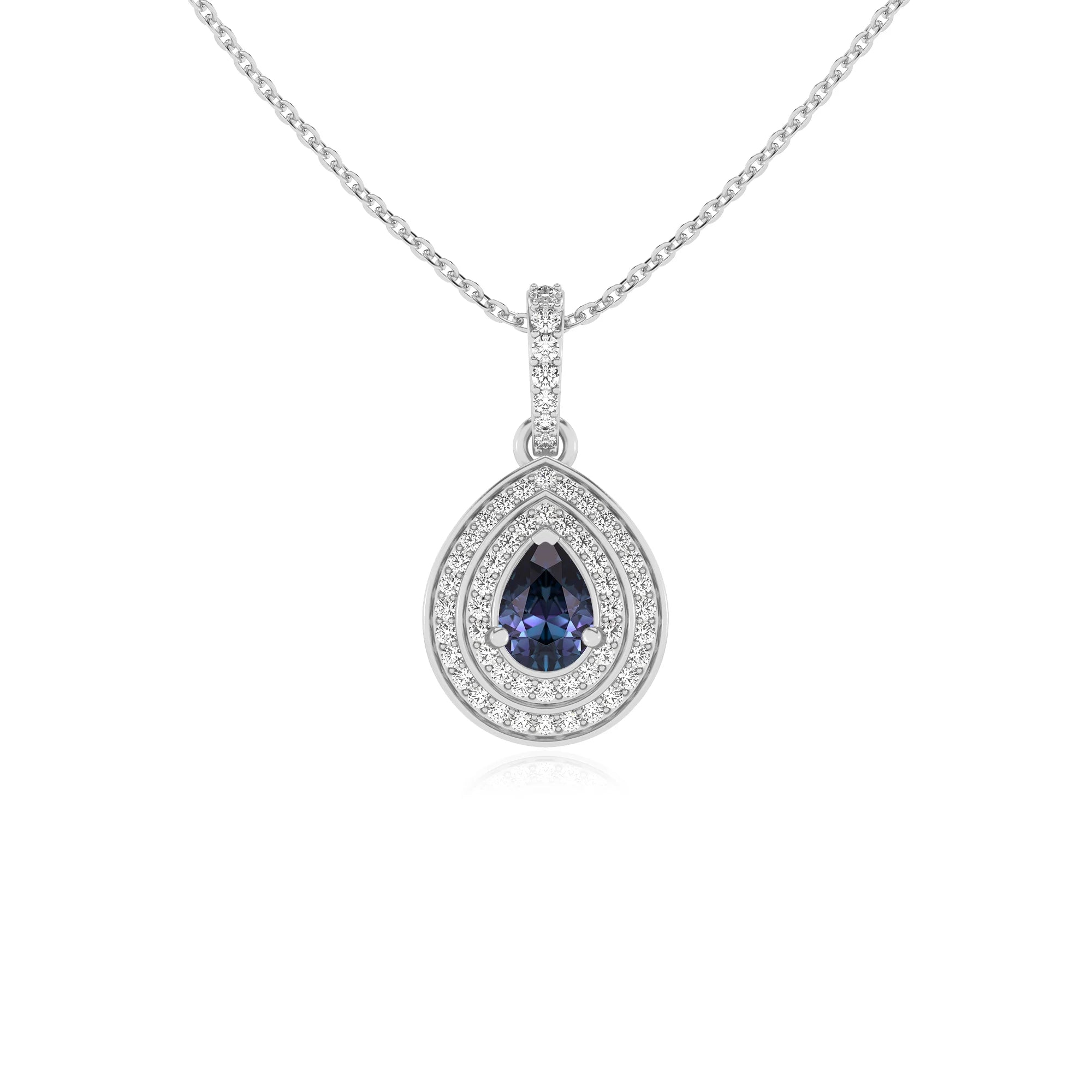 lab grown alexandrite pear halo necklaces in white gold 