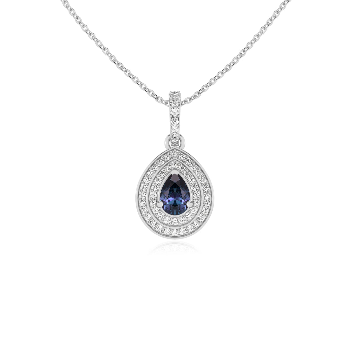 lab grown alexandrite pear halo necklaces in white gold 