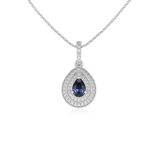 lab grown alexandrite pear halo necklaces in white gold 