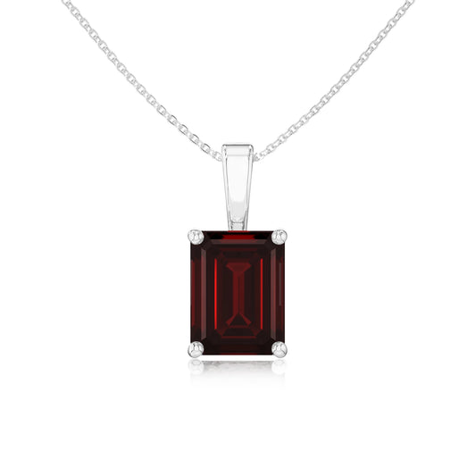 natural garnet emerald cut solitaire necklaces in white gold 