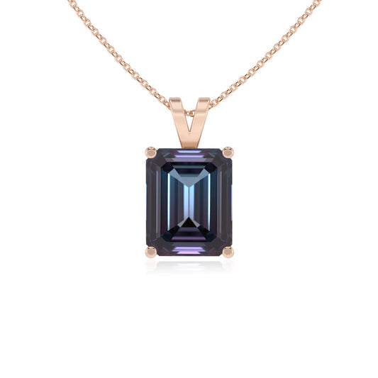 lab grown alexandrite emerald cut solitaire v-bale necklaces in rose gold 