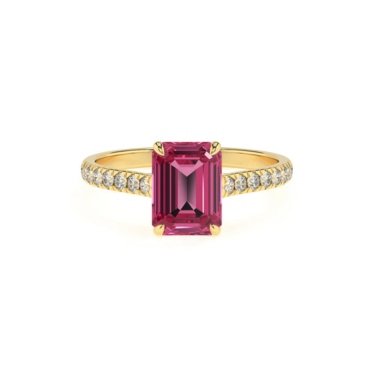 lab grown pink-tourmaline emerald cut half eternity solitaire engagement rings in yellow gold 
