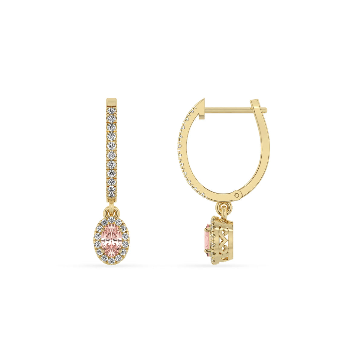 lab grown morganite oval drop earrings in yellow gold 