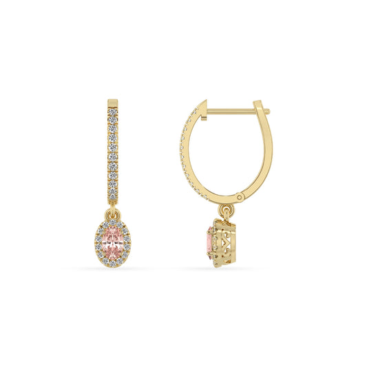 lab grown morganite oval drop earrings in yellow gold 