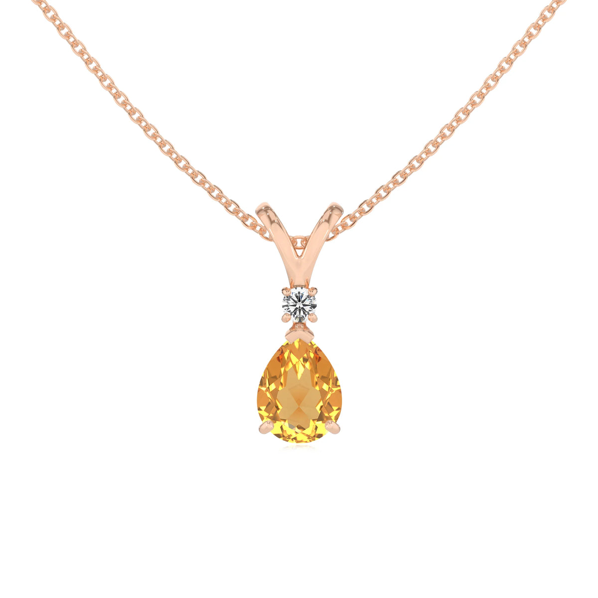 lab grown citrine pear solitaire v-bale necklaces in rose gold 