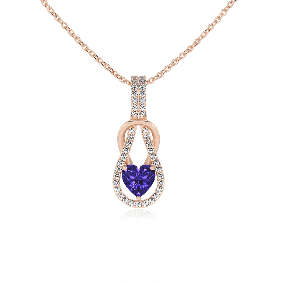 lab grown tanzanite heart infinity  v-bale necklaces in rose gold 