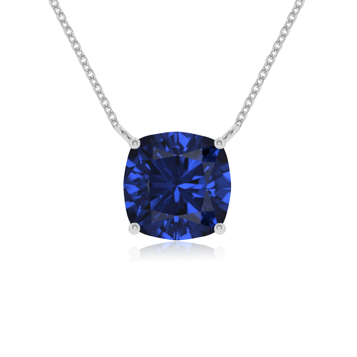 lab grown blue-sapphire cushion solitaire necklaces in sterling silver 