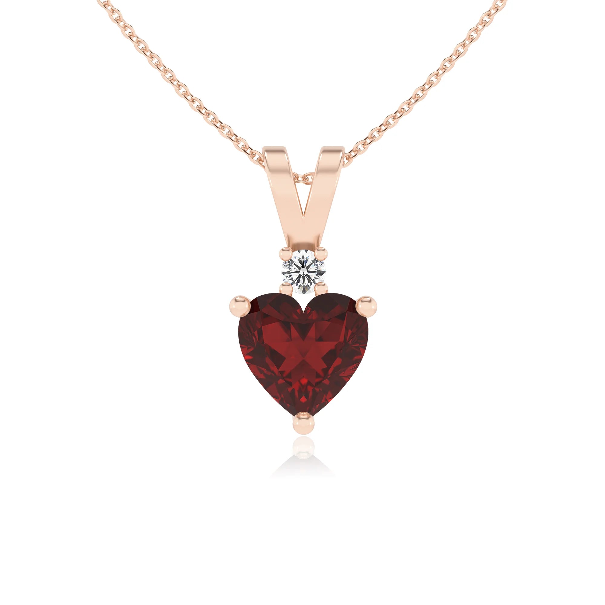 natural garnet heart solitaire v-bale necklaces in rose gold 