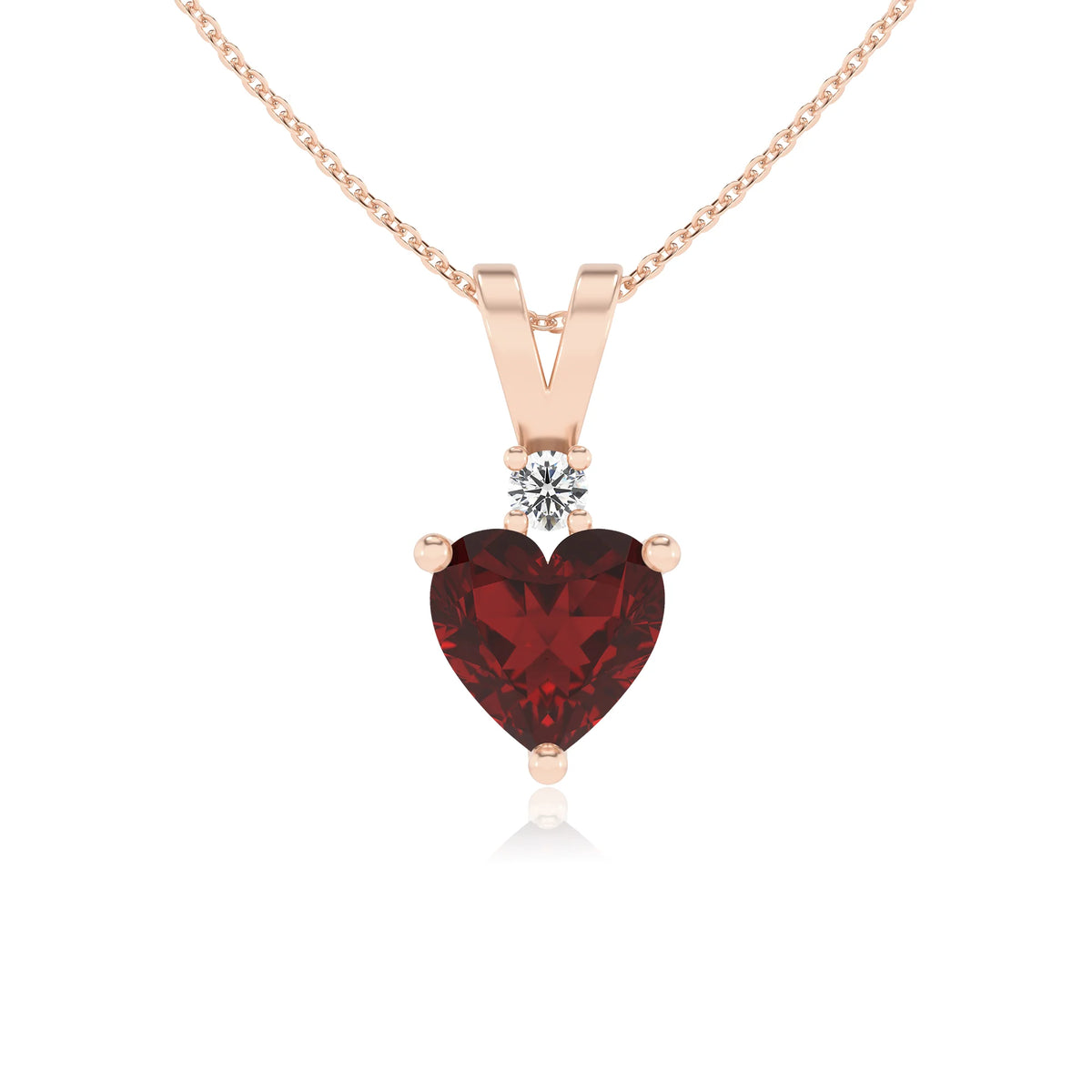 natural garnet heart solitaire v-bale necklaces in rose gold 