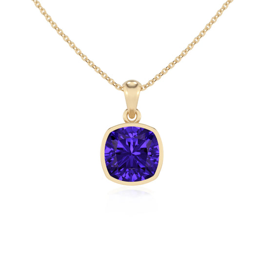 lab grown tanzanite cushion solitaire necklaces in yellow gold 
