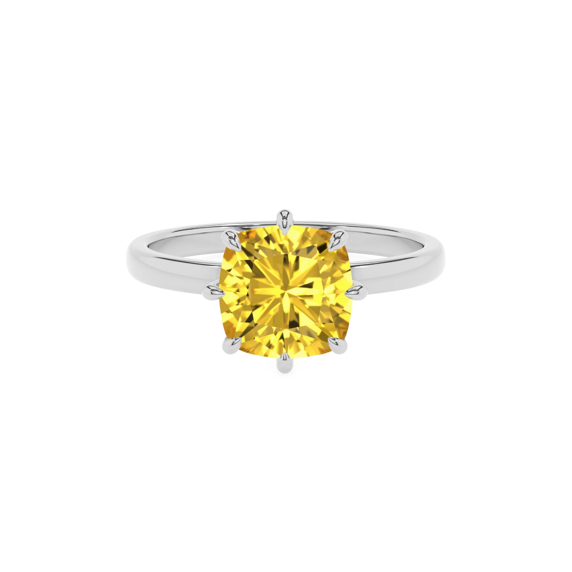 lab grown yellow-sapphire cushion solitaire rings in white gold 