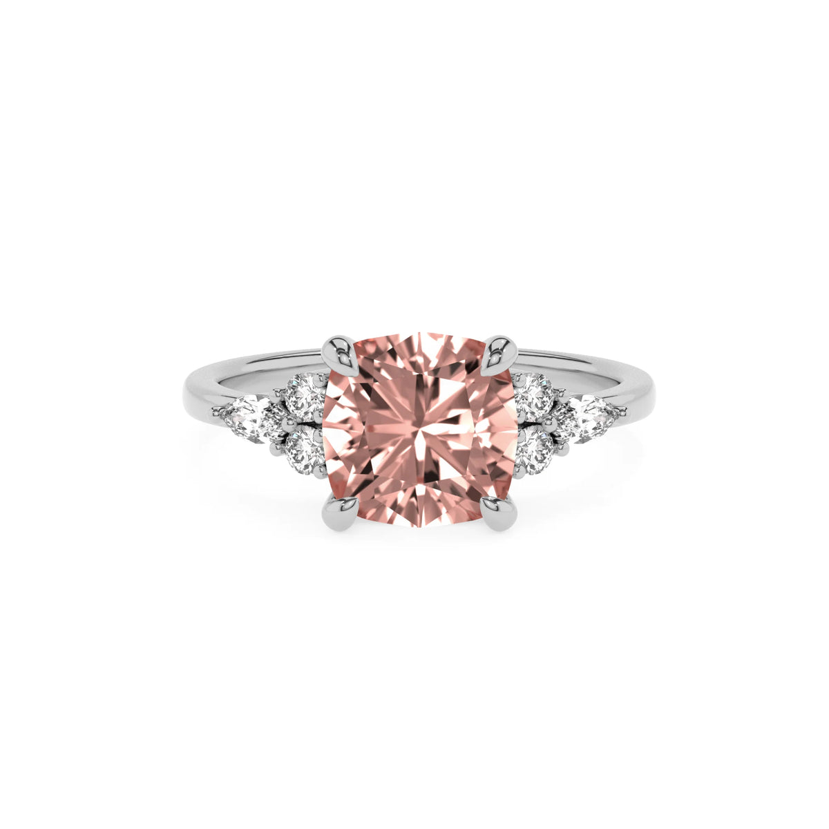 lab grown morganite cushion solitaire rings in white gold 