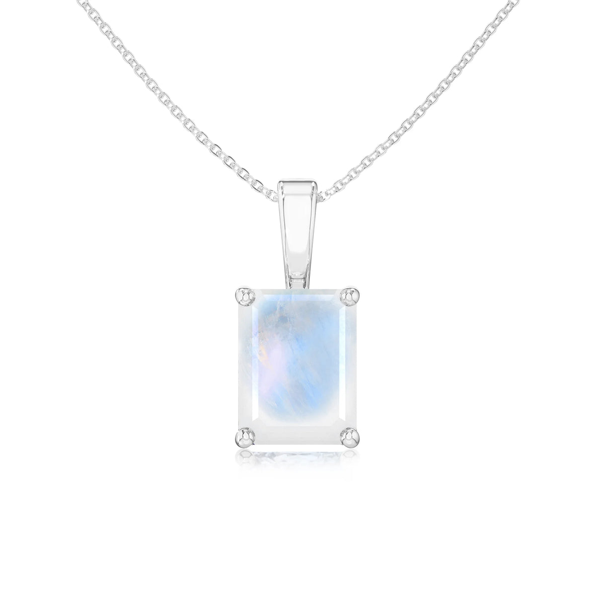 natural rainbow-moonstone emerald cut solitaire necklaces in platinum 