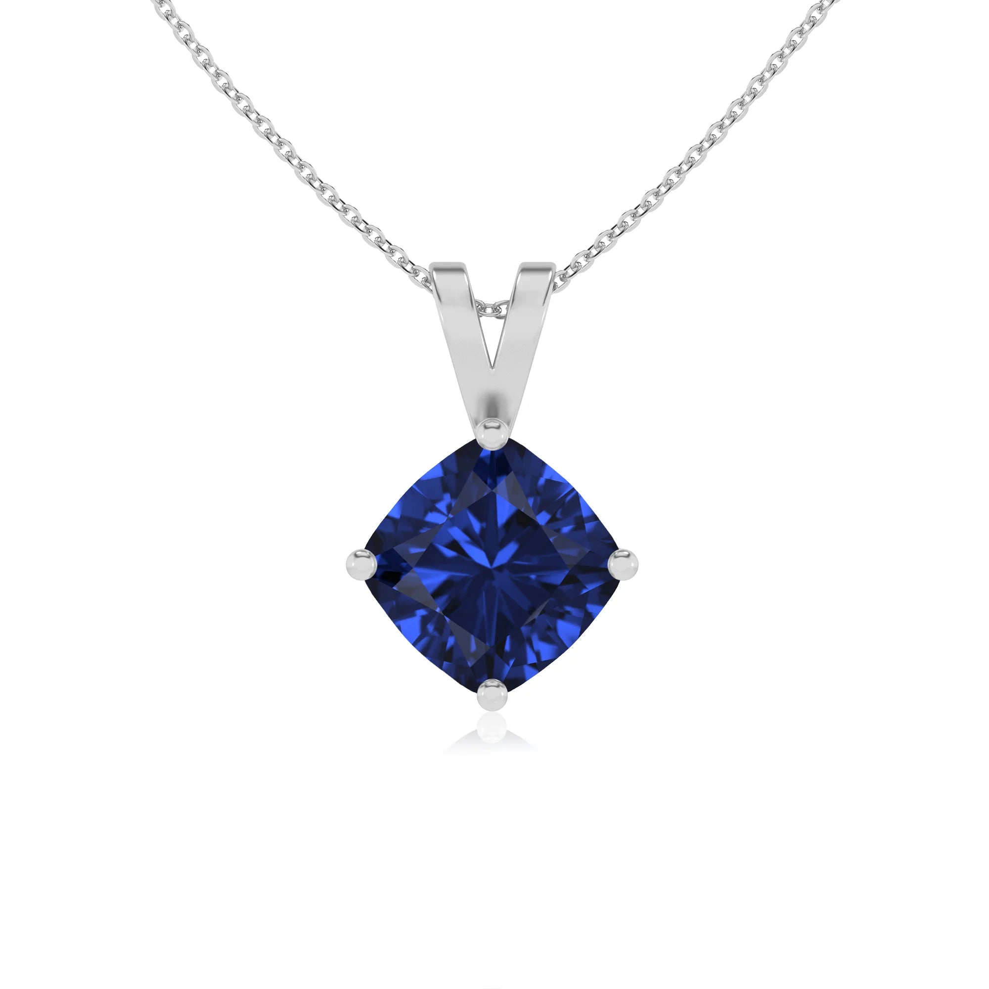lab grown blue-sapphire cushion solitaire v-bale necklaces in sterling silver 