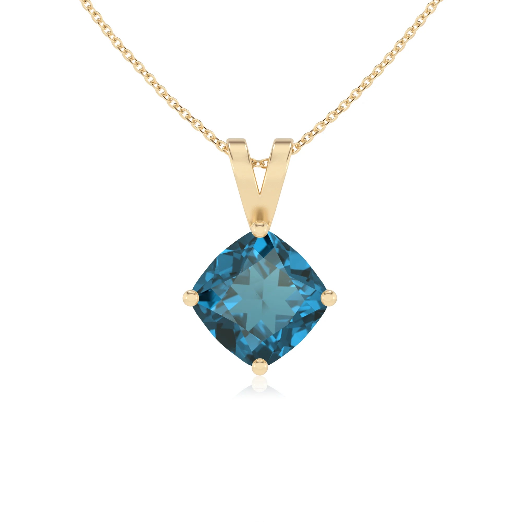 natural london-blue-topaz cushion solitaire v-bale necklaces in yellow gold 