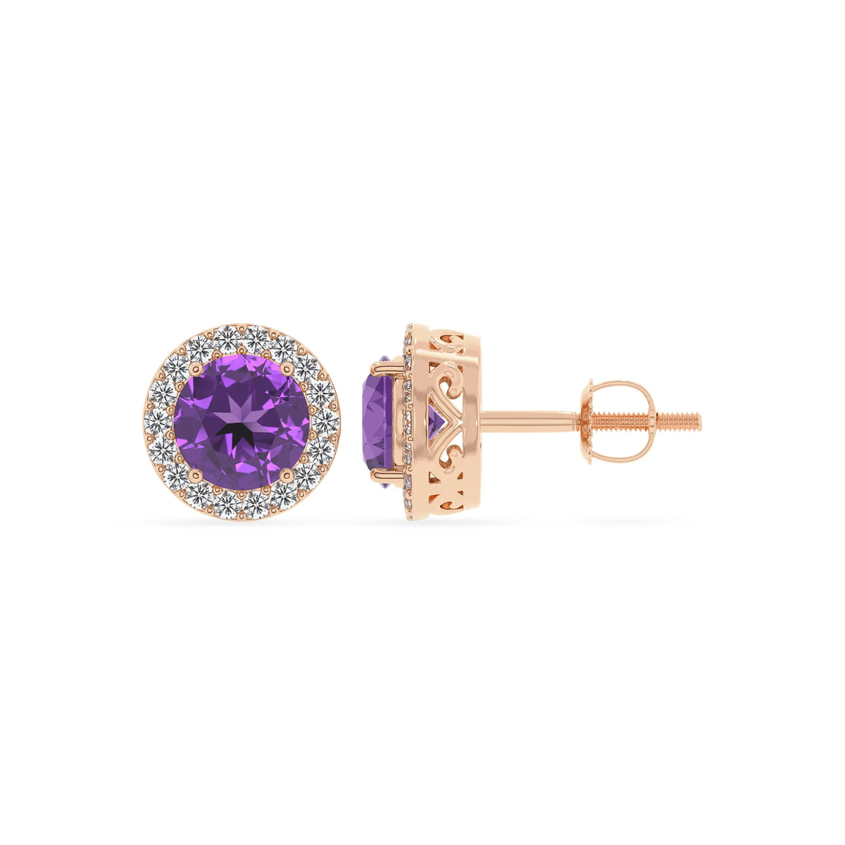 lab grown amethyst round stud earrings in rose gold 
