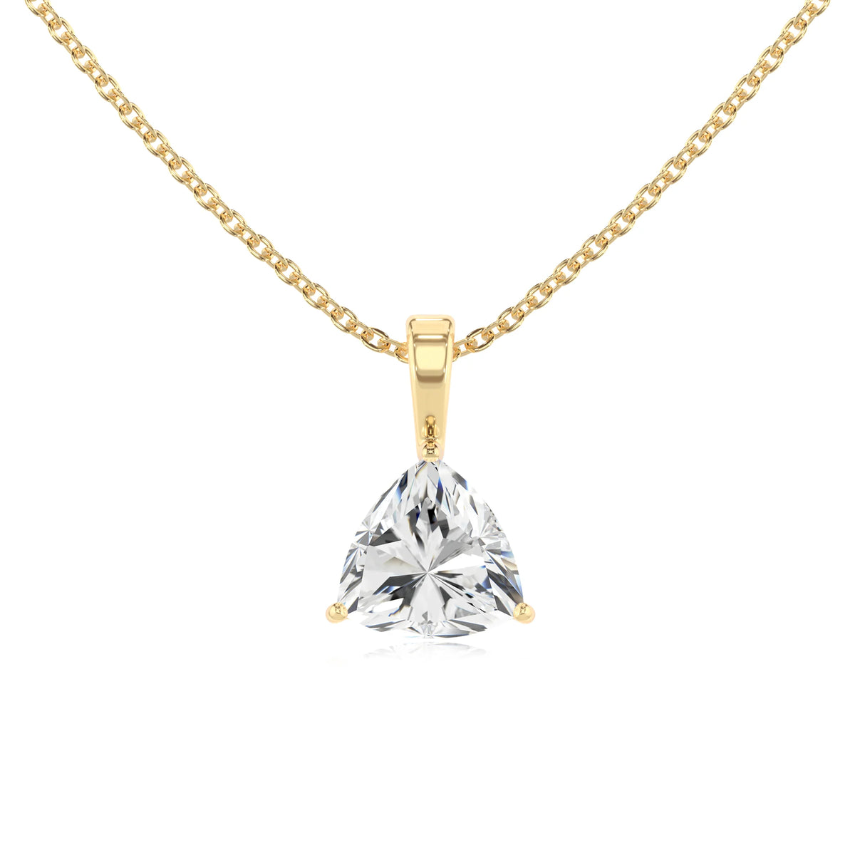 lab grown moissanite trillion solitaire necklaces in yellow gold 