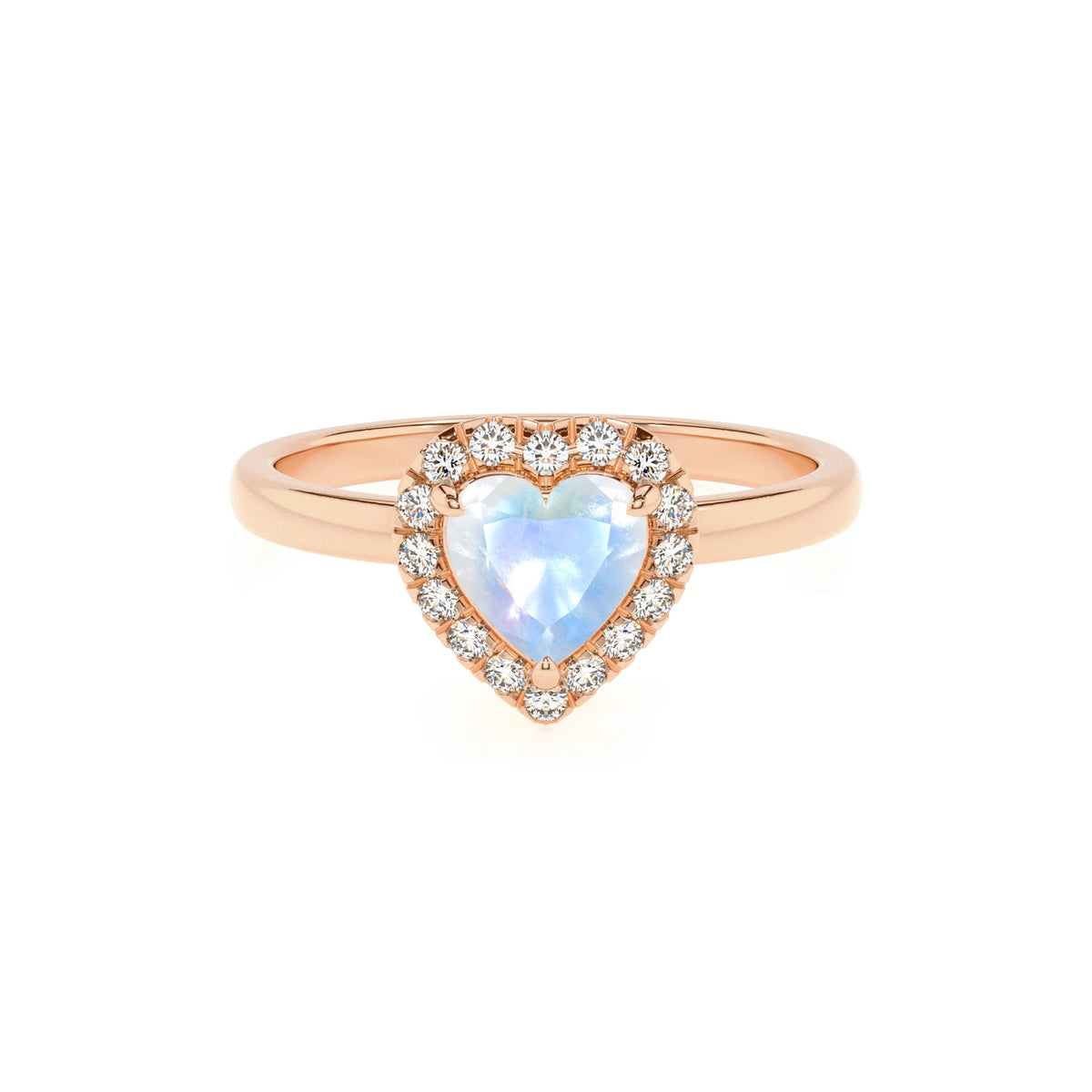 natural rainbow-moonstone heart solitaire rings in rose gold 
