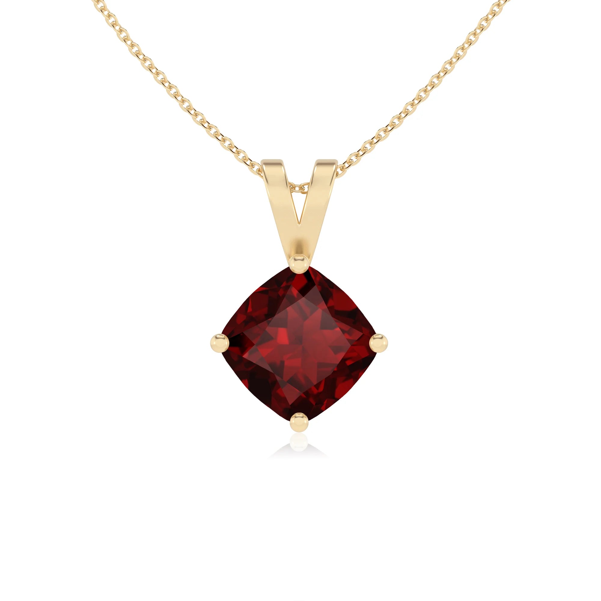 natural garnet cushion solitaire v-bale necklaces in yellow gold 