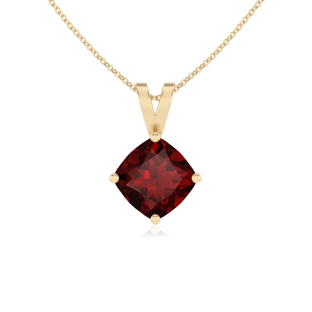 natural garnet cushion solitaire v-bale necklaces in yellow gold 