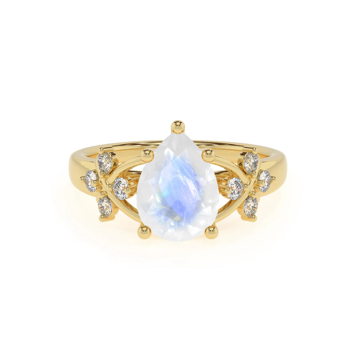 natural rainbow-moonstone pear solitaire rings in yellow gold 