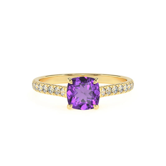 lab grown amethyst cushion half eternity solitaire engagement rings in yellow gold 