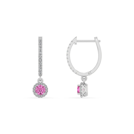 lab grown pink sapphire round drop earrings in white gold 