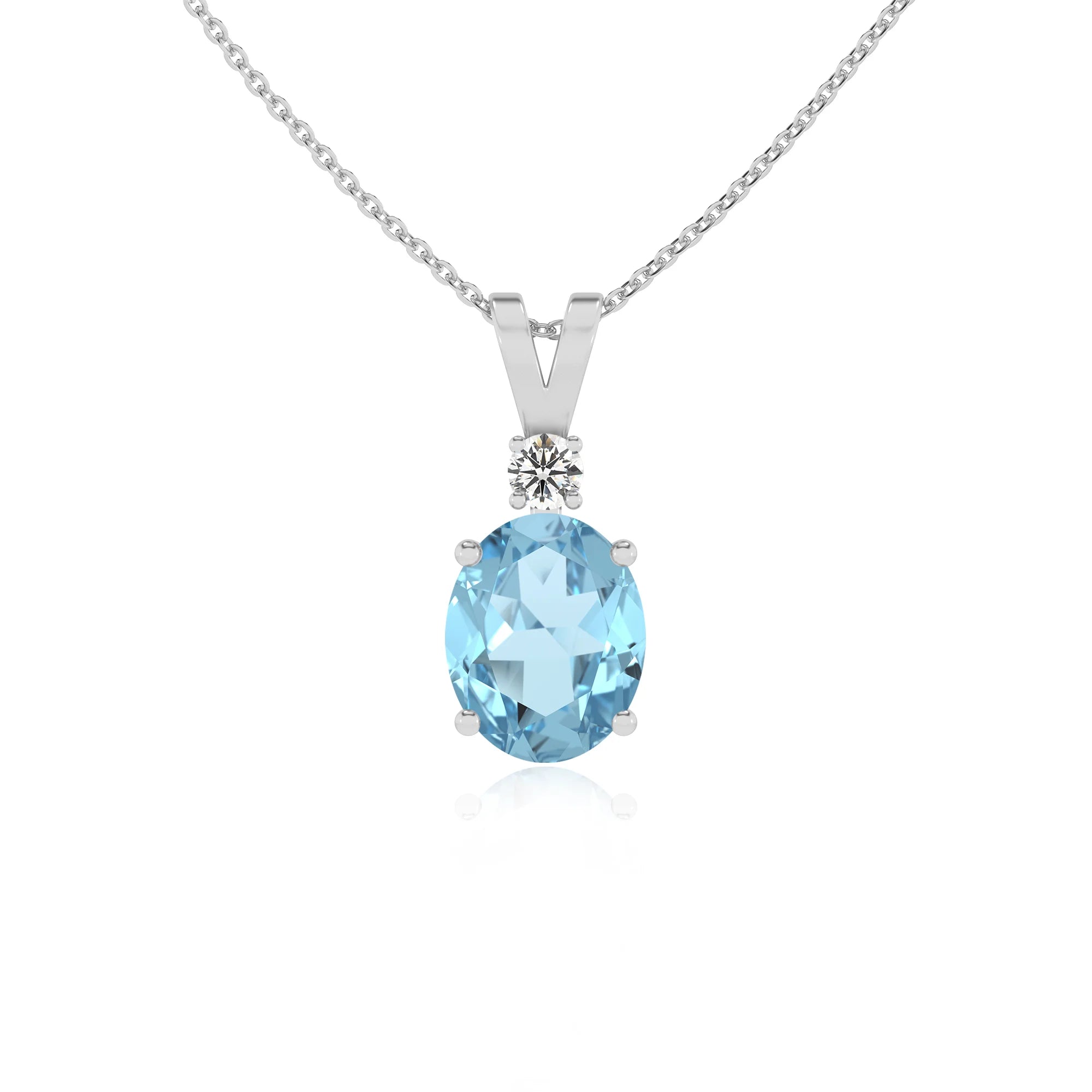 lab grown aquamarine oval solitaire v-bale necklaces in white gold 
