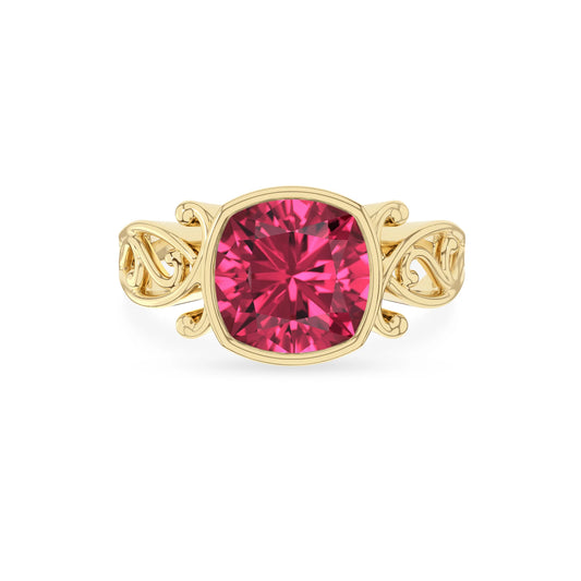 lab grown pink-tourmaline cushion solitaire rings in yellow gold 