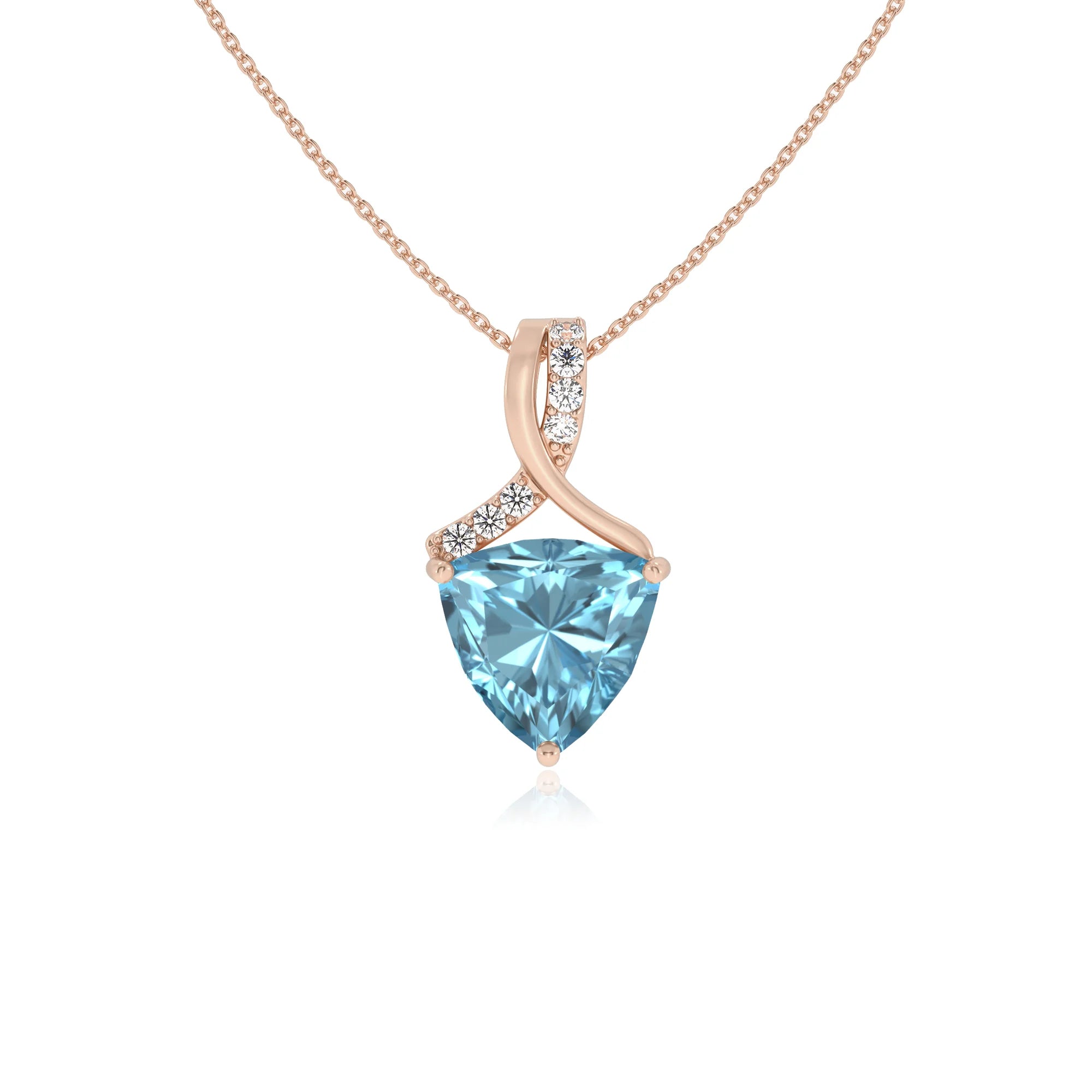 lab grown aquamarine trillion solitaire necklaces in rose gold 