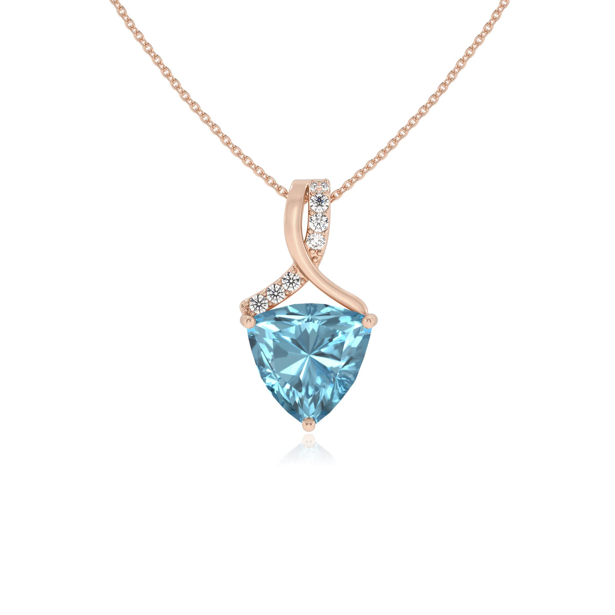 lab grown aquamarine trillion solitaire necklaces in rose gold 